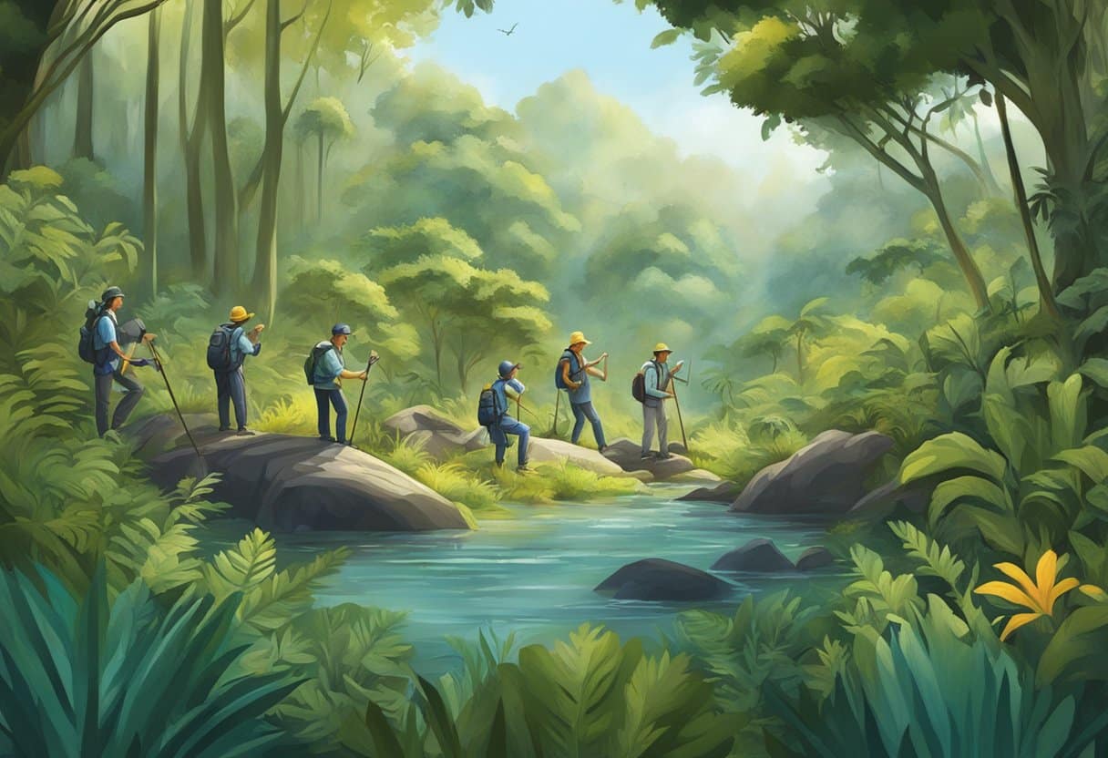 A group of scientists and volunteers work together to protect endangered species by conducting research, building habitats, and implementing conservation projects in a lush, biodiverse environment