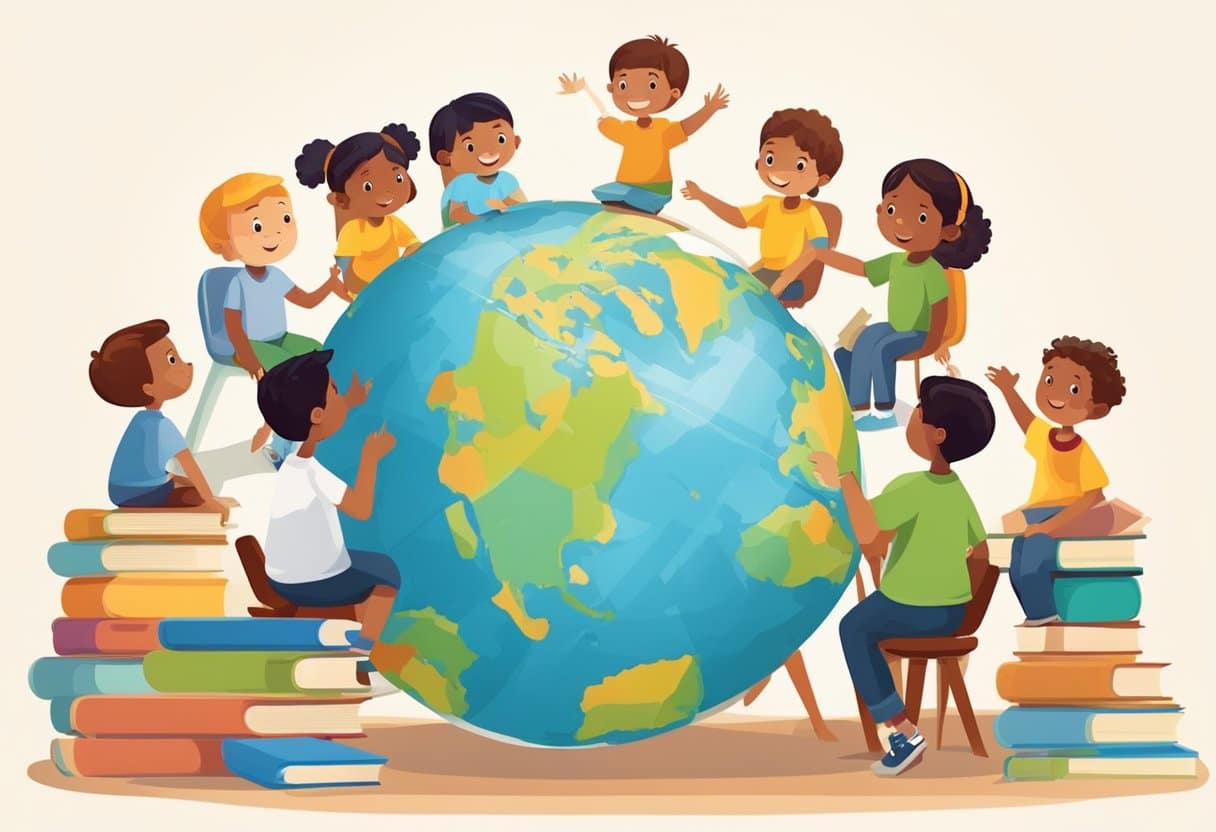 Children gathered around a globe, pointing and discussing. Books and educational materials scattered around. Engaged in critical thinking and questioning