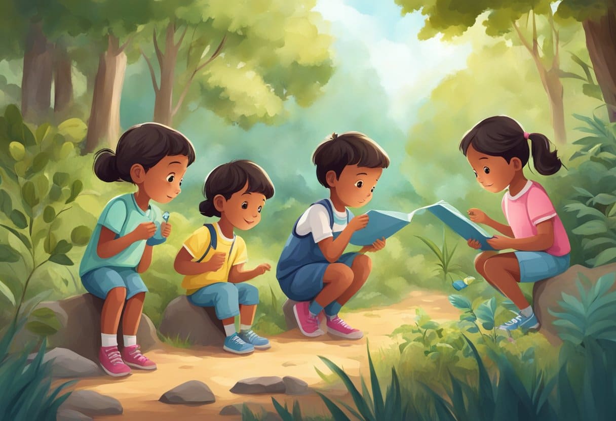 Children exploring nature, asking questions, and conducting experiments with curiosity and wonder