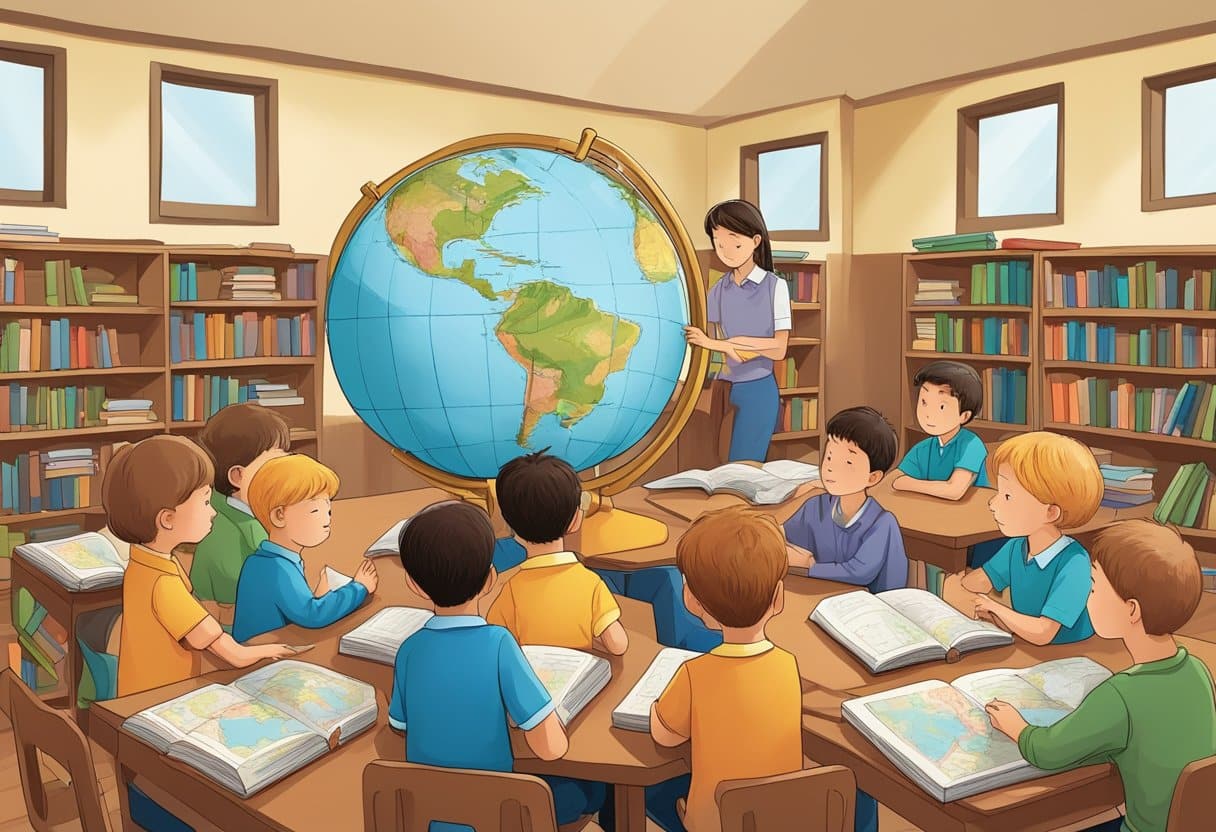 Children surrounded by books, pondering, and discussing. A globe and maps on the wall. A teacher guiding them to question and think critically