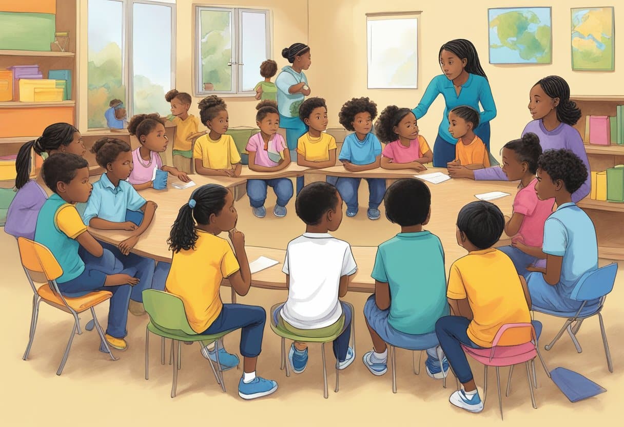 A diverse group of children engage in discussions, challenging assumptions and biases. They use critical thinking skills to question and explore the world around them