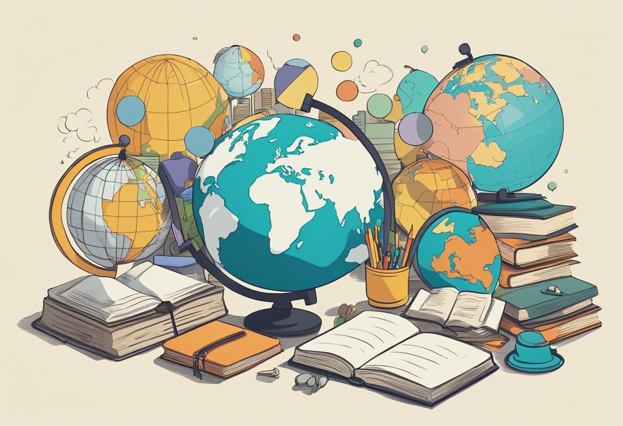 A group of diverse objects arranged on a table, including books, globes, and maps. A thought bubble with question marks hovers above, representing critical thinking