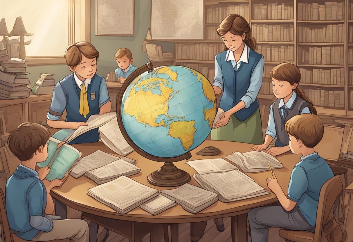 Children examining historical documents, maps, and artifacts with curious expressions. A globe and books on a table. Teacher facilitating discussion