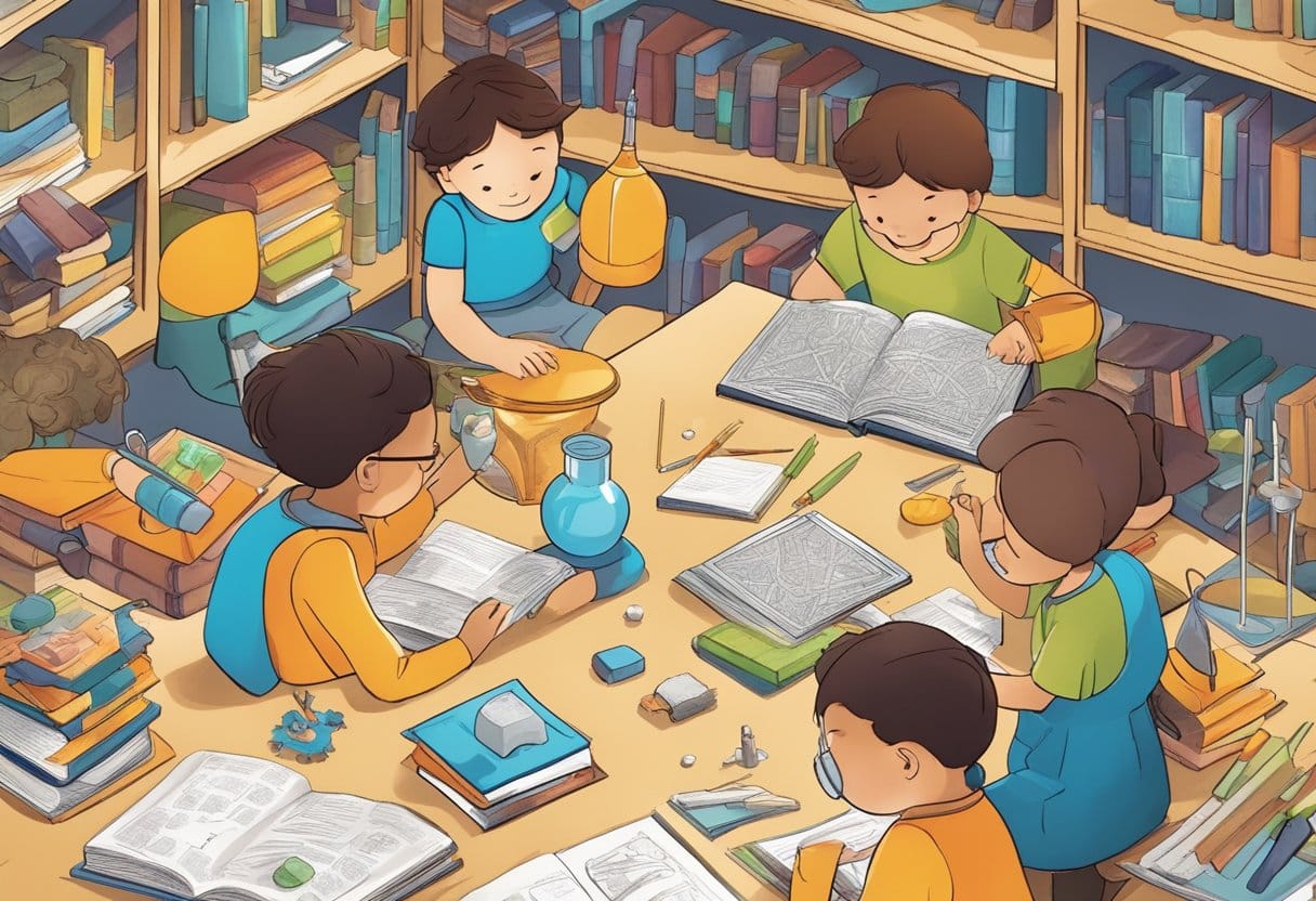 Children surrounded by books, puzzles, and scientific tools, engaging in hands-on experiments and discussions, expressing curiosity and critical thinking