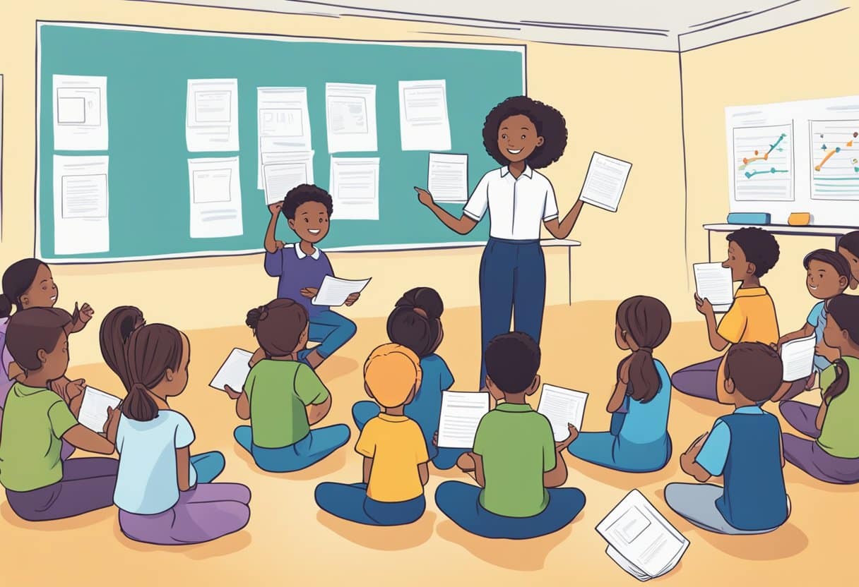 A group of children sit in a circle, holding up cards with facts and opinions. A teacher points to a chart showing how to evaluate and provide feedback on their statements