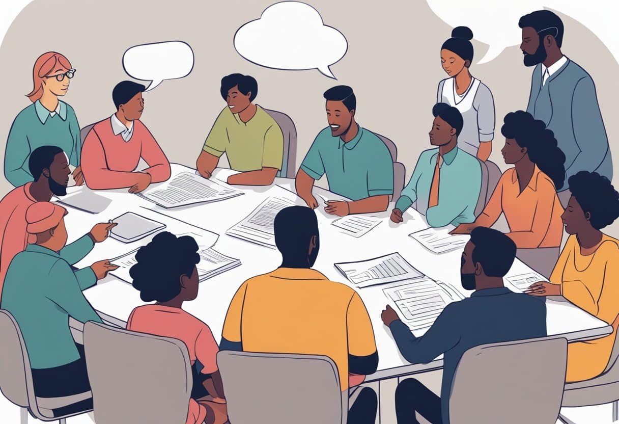 A group of diverse figures gather around a table, sharing ideas and working together. Speech bubbles with facts and opinions float above their heads, showing the exchange of information and collaboration