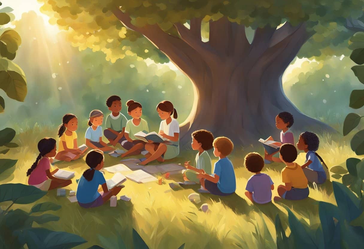 Children gather around a tree, listening to a storyteller. Books on sustainability and nature lay scattered on the ground. Sunlight filters through the leaves, creating a warm and inviting atmosphere