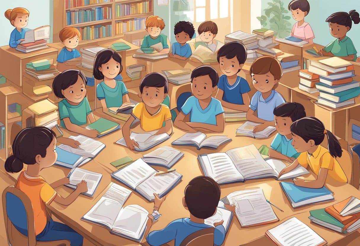 Children surrounded by books and educational materials, engaging in discussions and activities that challenge their opinions with evidence and facts