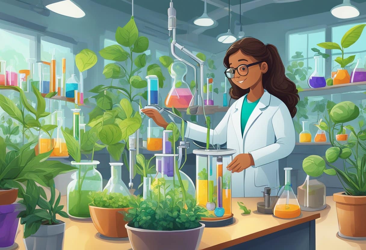 Science Experiments that Make Kids Think: Engaging the Young Mind with Hands-On Activities Science Experiments, child, classroom LearningMole Vibrant plants grow in a lab setting, surrounded by beakers, test tubes, and scientific equipment. The scene illustrates the intersection of nature and science, sparking curiosity and critical thinking in children