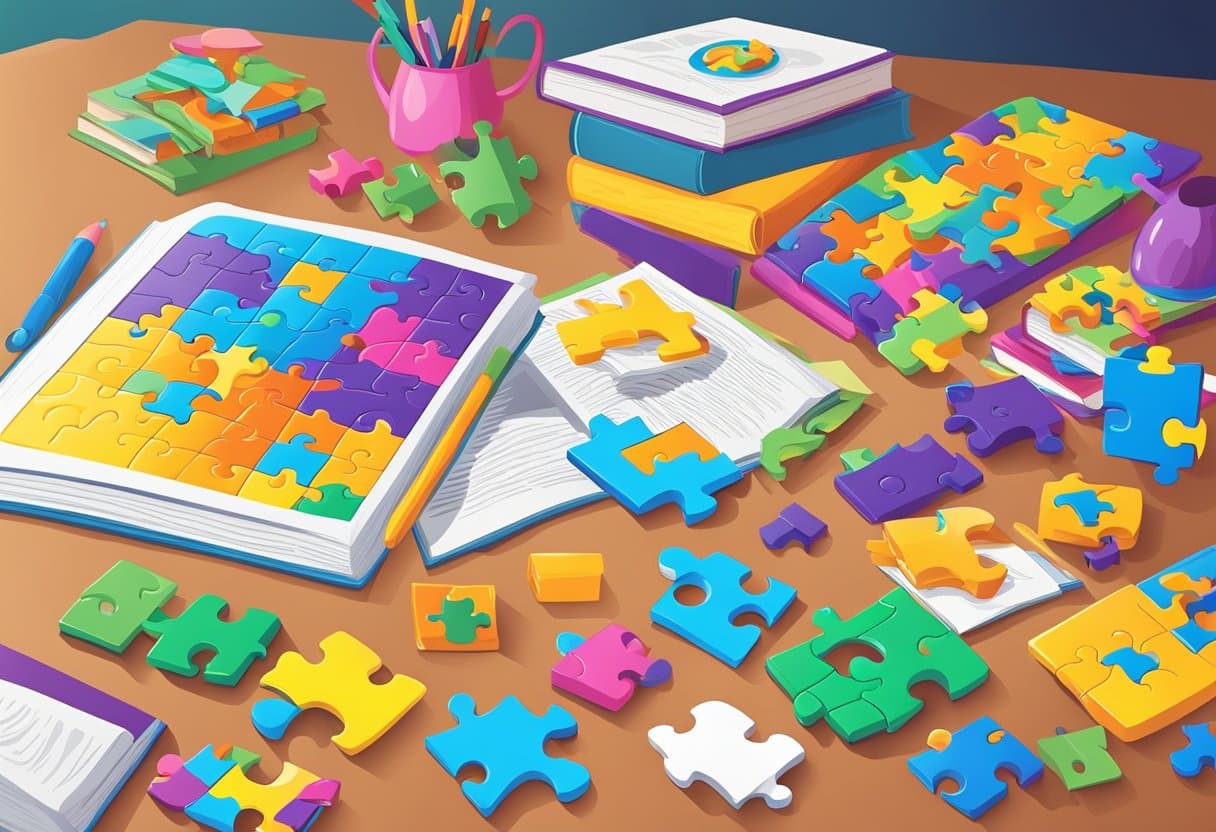 A colorful array of puzzles and brain teasers scattered on a table, with books on child development in the background