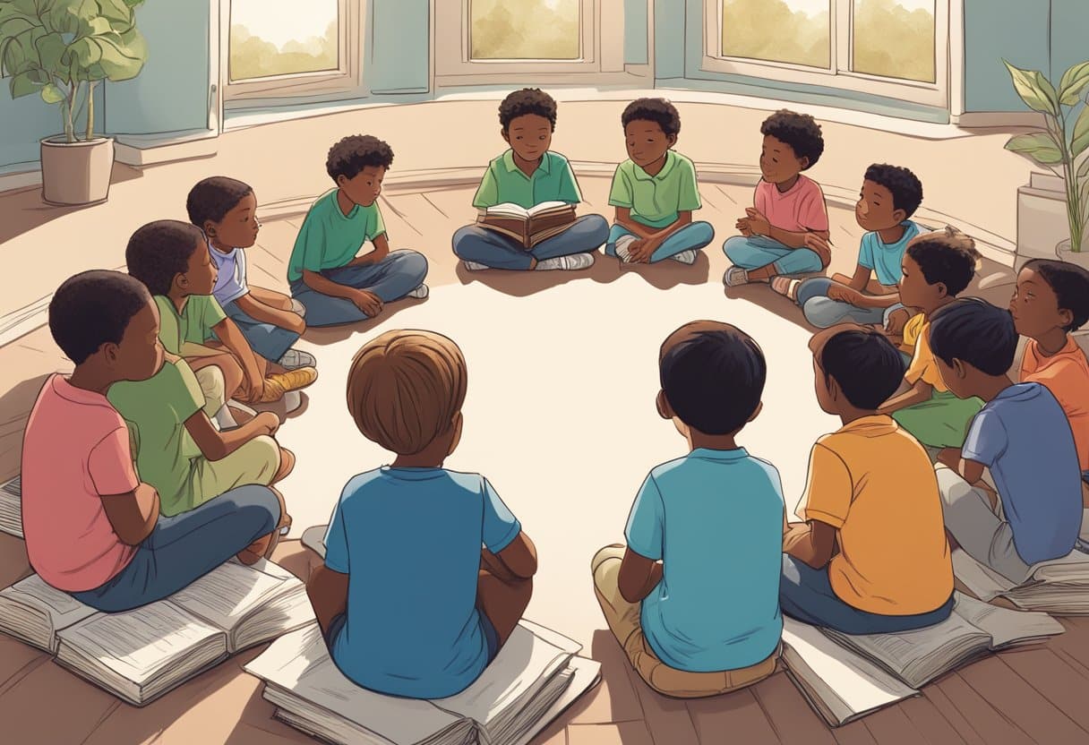A group of children sit in a circle, engrossed in deep conversation, pondering life's big questions. A stack of philosophy books sits nearby, as the children eagerly engage in thoughtful discussion