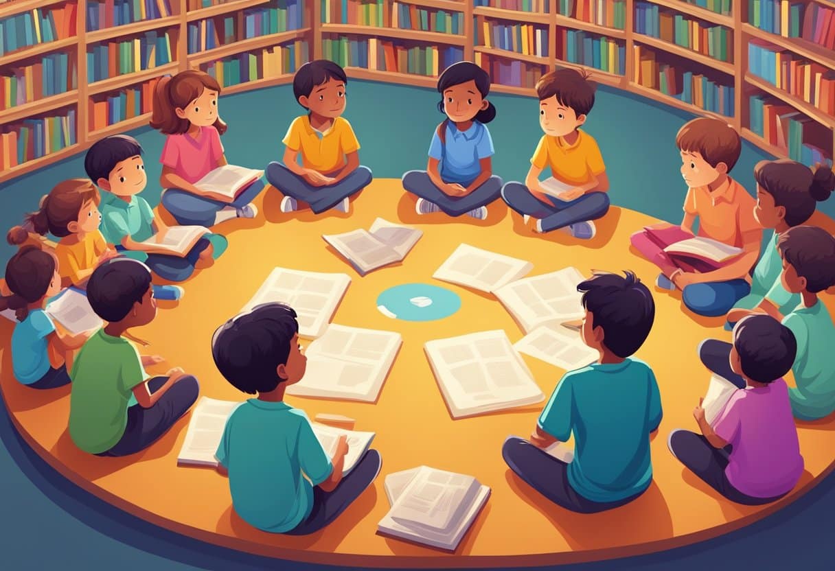 A group of children sit in a circle, deep in thought, surrounded by books and colorful posters about philosophy and language