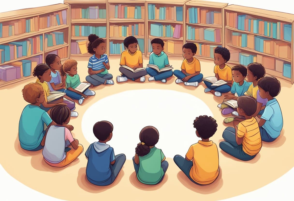 A group of children sitting in a circle, engaged in deep discussion, surrounded by books and thought-provoking visuals