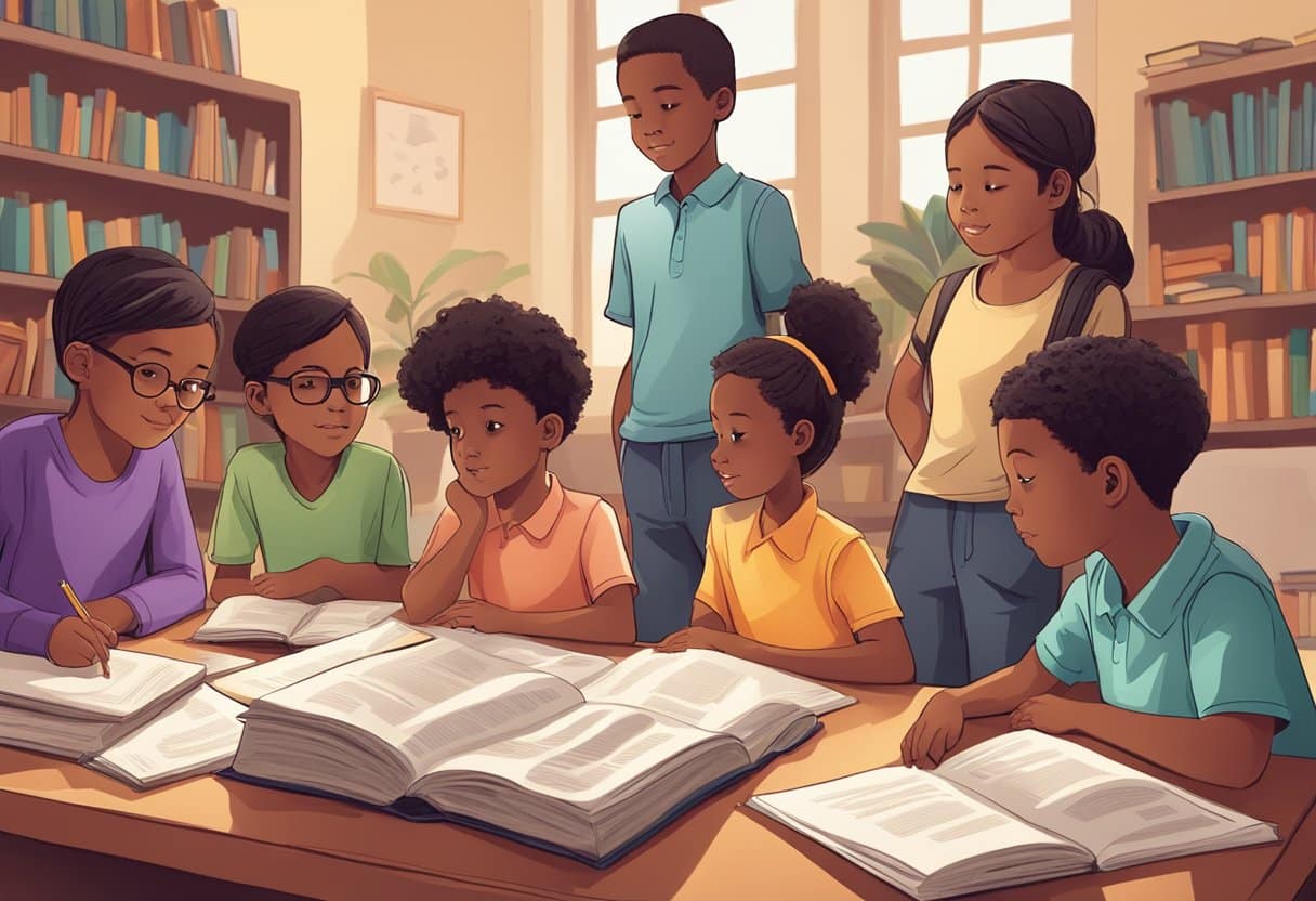 A group of diverse children gather around a table, engaged in deep conversation with books and papers scattered around them, as they explore philosophical concepts and ideas together