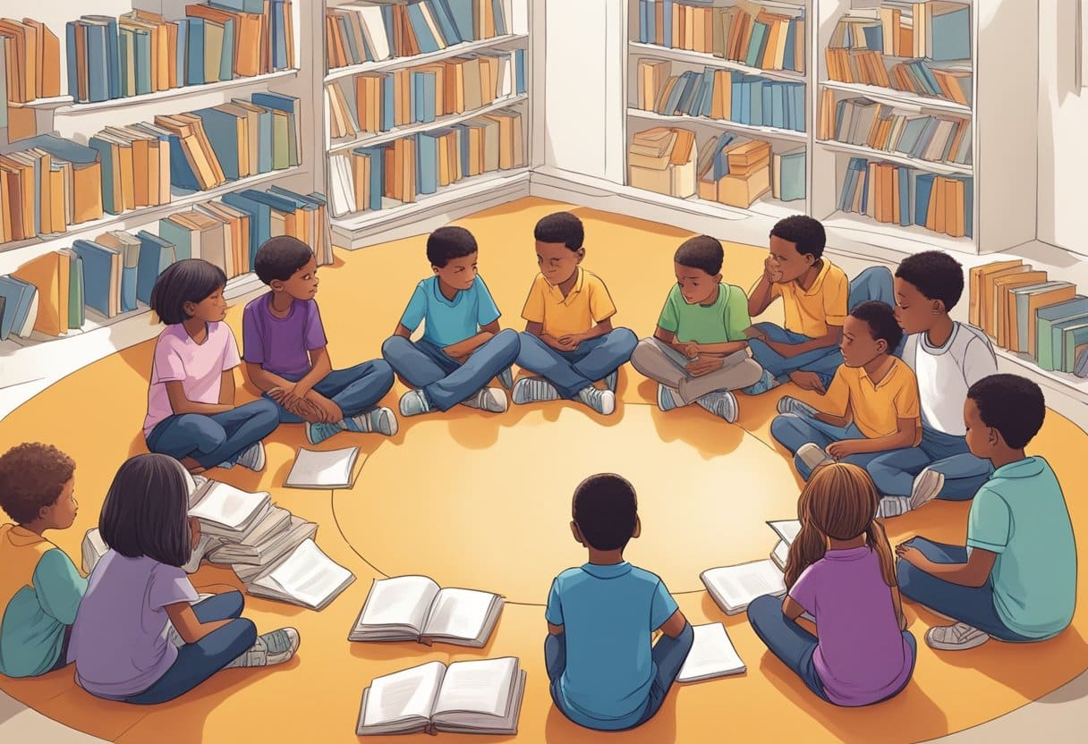 A group of children sit in a circle, engaged in deep conversation, surrounded by books and thought-provoking visual aids