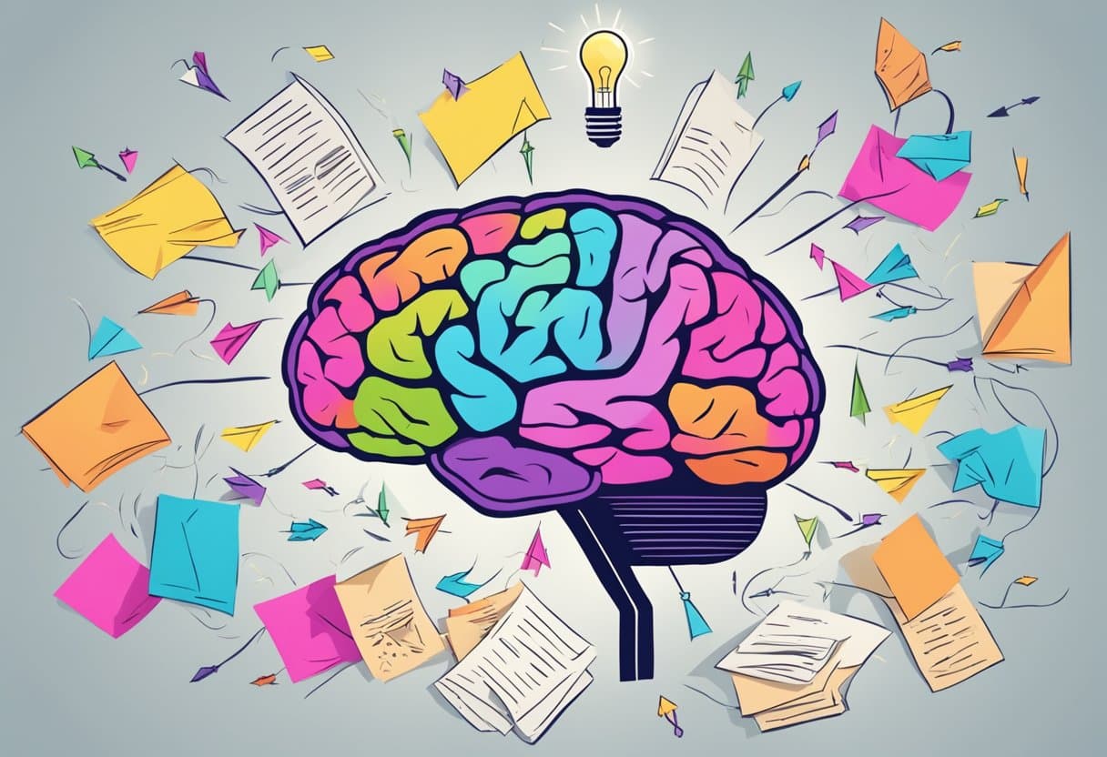 A colorful brain with a glowing lightbulb inside, surrounded by arrows pointing towards different paths, with a pile of crumpled papers representing mistakes