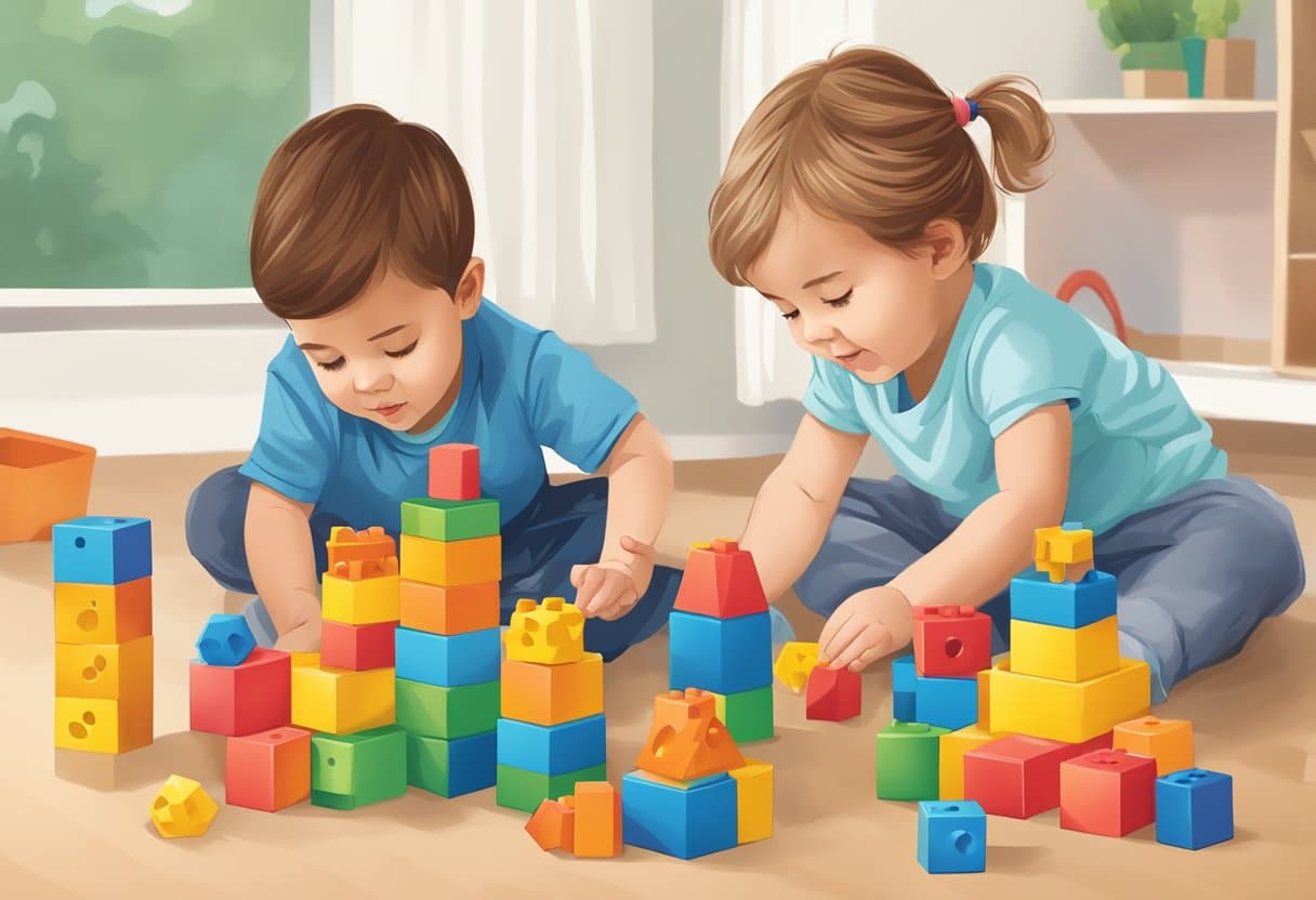 A child arranging blocks to build a tower, while another child tries to fit different shapes into corresponding holes on a shape sorter toy
