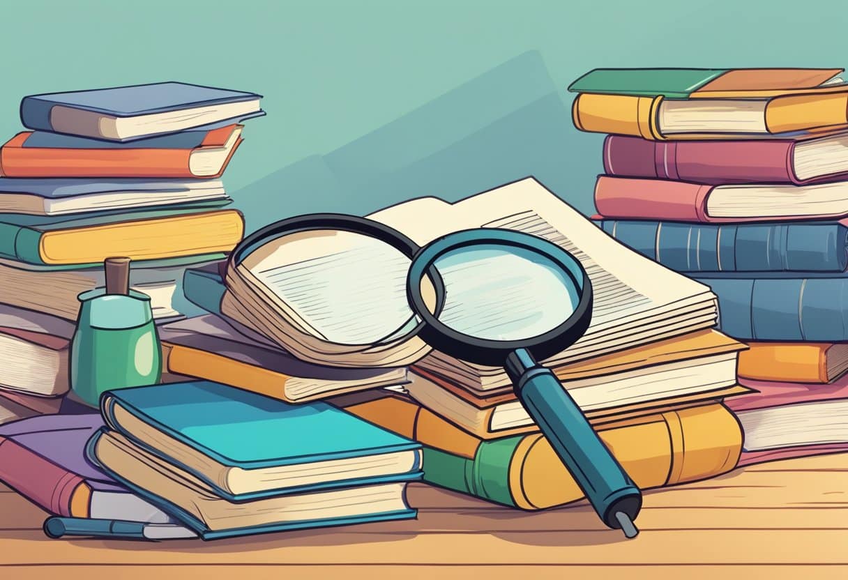 A stack of colorful books sits on a table, with a magnifying glass and a pair of glasses nearby. A child's hand reaches out to pick up one of the books