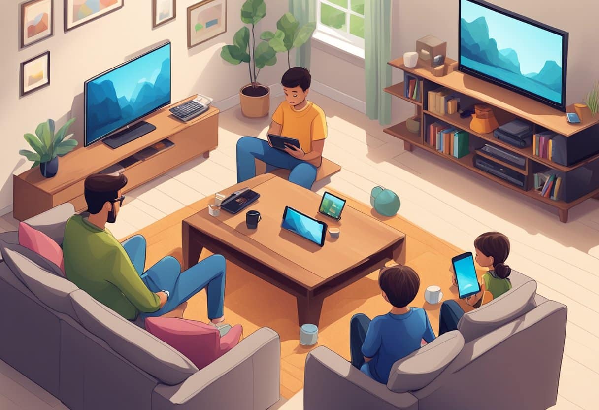 A family room with a TV on, a tablet, and a smartphone on the coffee table. A child is sitting on the couch, surrounded by media devices