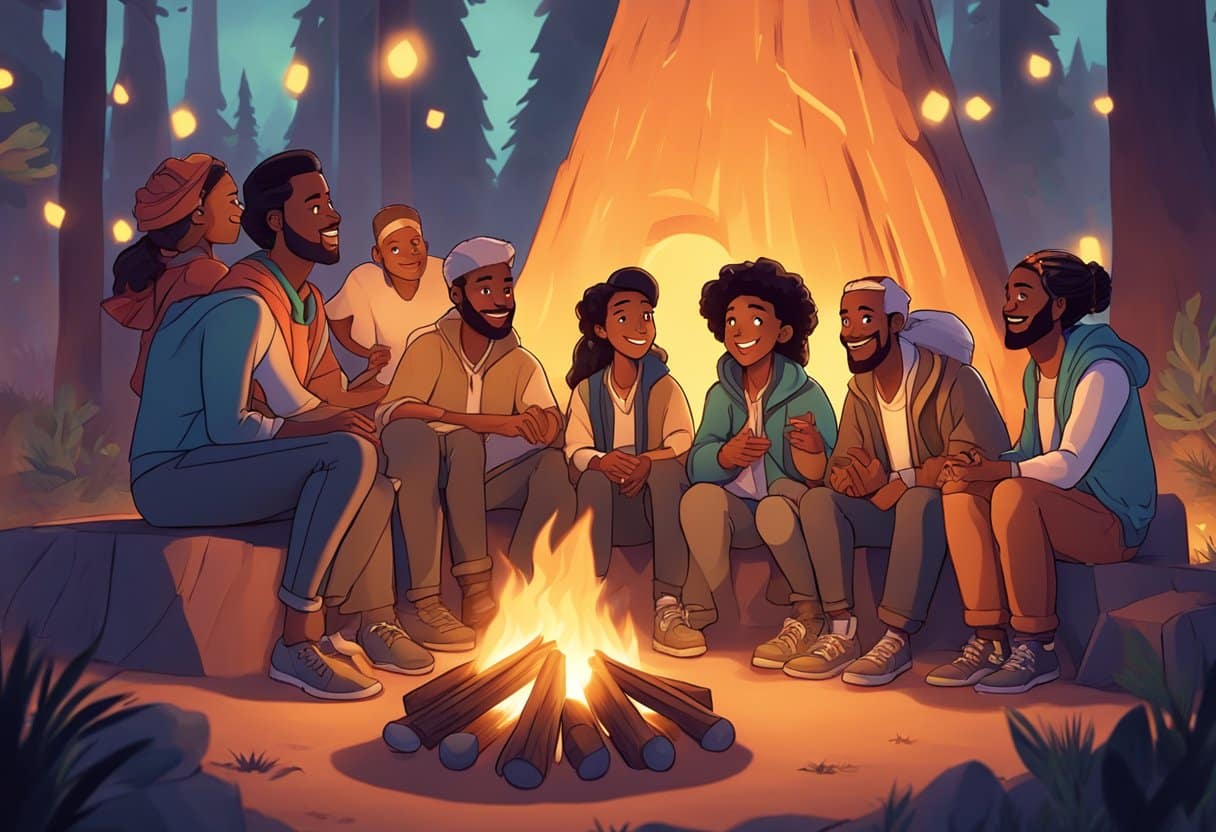 A group of diverse characters gather around a glowing campfire, captivated by a storyteller's animated gestures and expressive facial expressions
