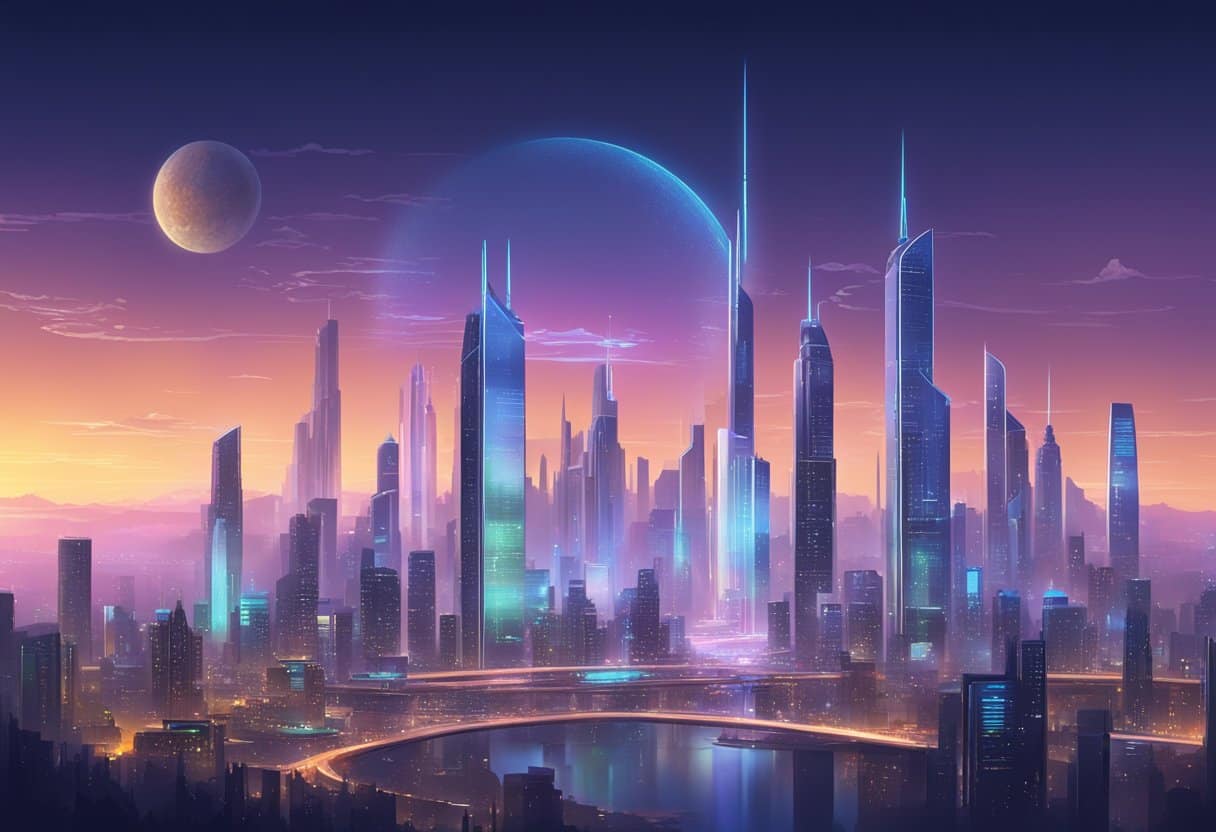 A futuristic cityscape with holographic storytelling displays illuminating the skyline, capturing the imagination of onlookers