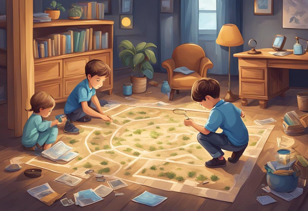 Children playing detective games, examining clues, solving puzzles, and using magnifying glasses. A mysterious scene with footprints, fingerprints, and hidden objects