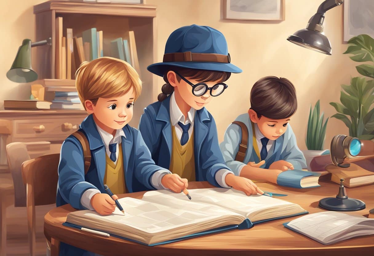 Children play detective games, examining clues and solving puzzles. They use magnifying glasses and notebooks, enhancing their analytical skills
