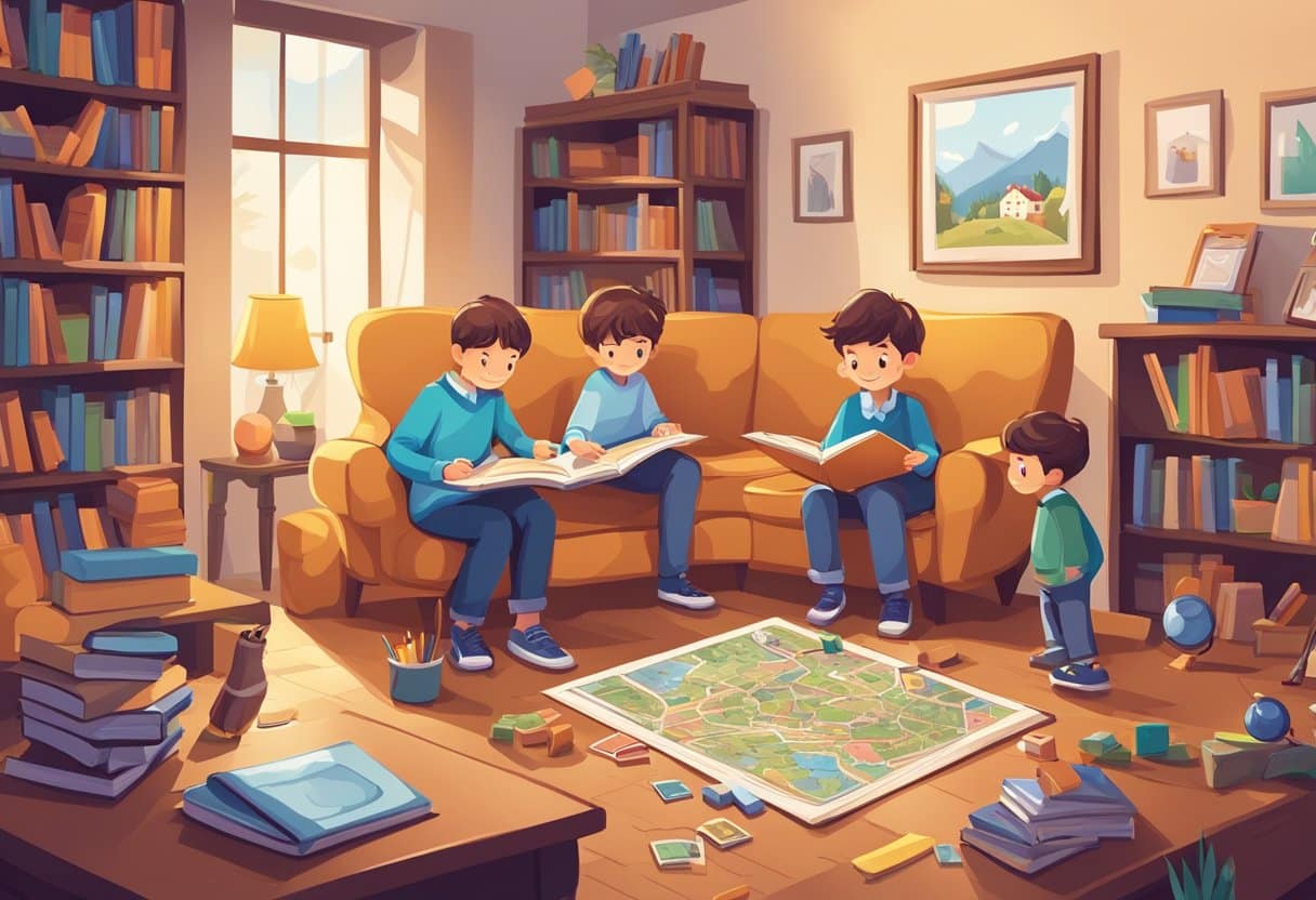 Kids solving puzzles in a cozy living room, surrounded by books and board games. A magnifying glass and notebook sit on a table, adding to the detective theme