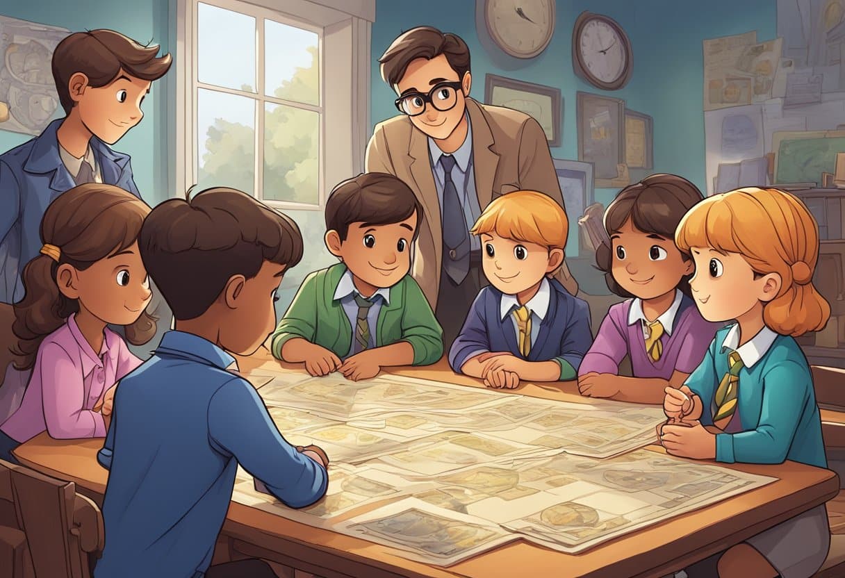 Kids gather around a table, engrossed in a detective game. They point to clues, discuss theories, and act out characters, enhancing their analytical skills