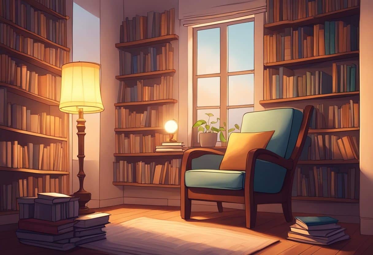 A cozy reading nook with a stack of books, a comfortable chair, and a warm lamp. The room is filled with the soft glow of natural light, inviting readers to dive into the world of literature