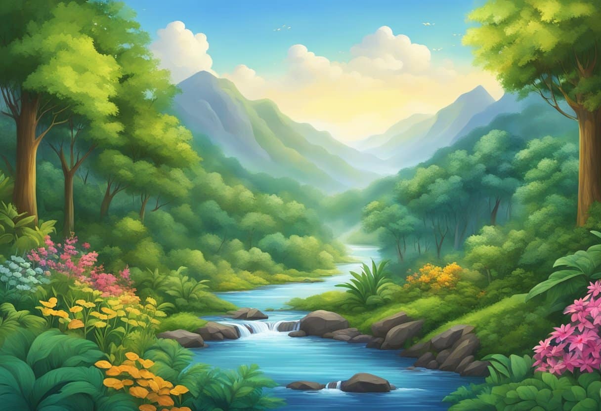 A lush forest with vibrant wildlife, flowing rivers, and colorful flora, all surrounded by clear skies and clean air eco-art
