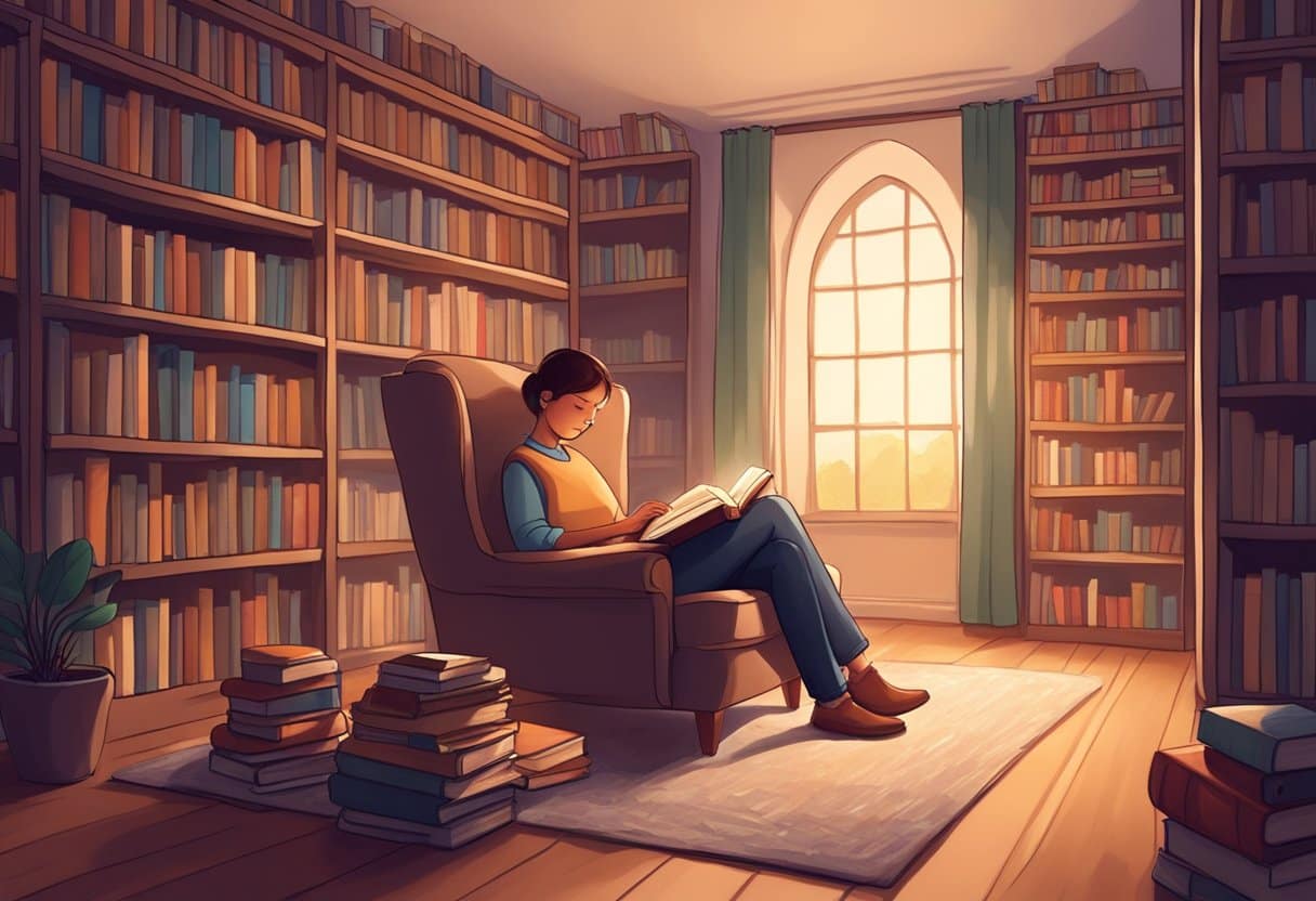 A cozy book nook with a comfortable chair, soft lighting, and shelves filled with diverse books. A person is engrossed in deep thought while reading
