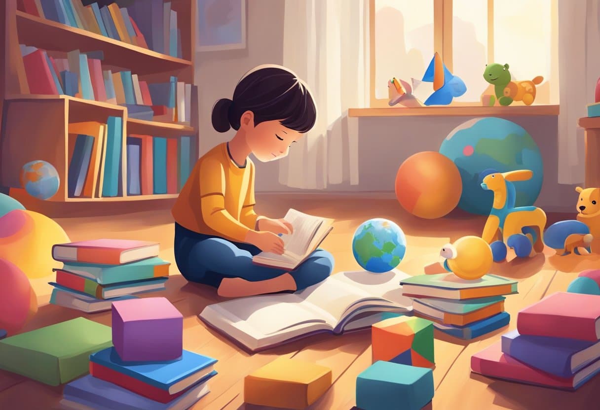 Parents' Tips: Boosting Your Child's Thinking Skills at Home with Fun Activities child's thinking skills, Critical Thinking, at home LearningMole A child surrounded by various stimulating toys and books, engaged in independent play and exploration. A parent observes from a distance, providing gentle guidance and encouragement