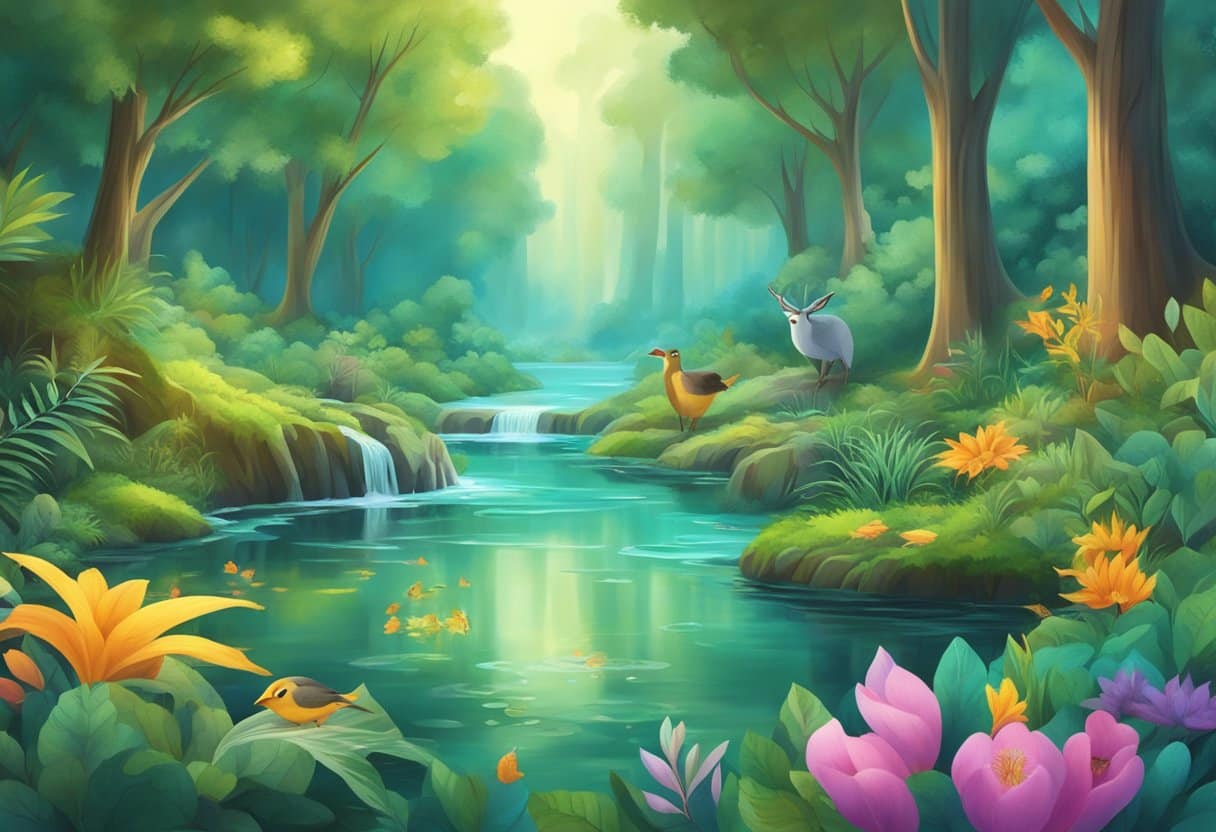 A serene forest with vibrant, interconnected plant life and animals coexisting harmoniously, surrounded by clear, flowing water