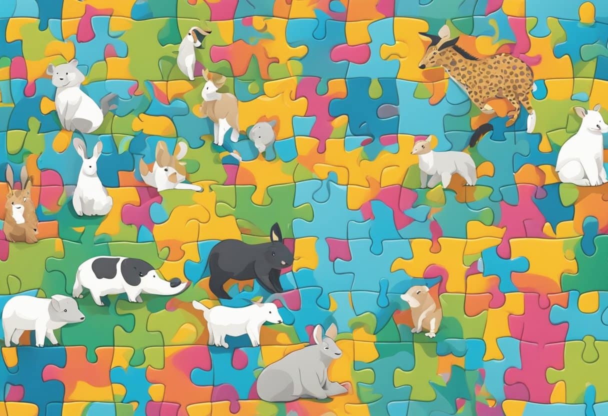 Simple Logic Puzzles for Young Brains: Easy Challenges to Sharpen Minds Logic Puzzles LearningMole A table with colorful puzzle pieces arranged in a pattern, surrounded by happy, curious young animals