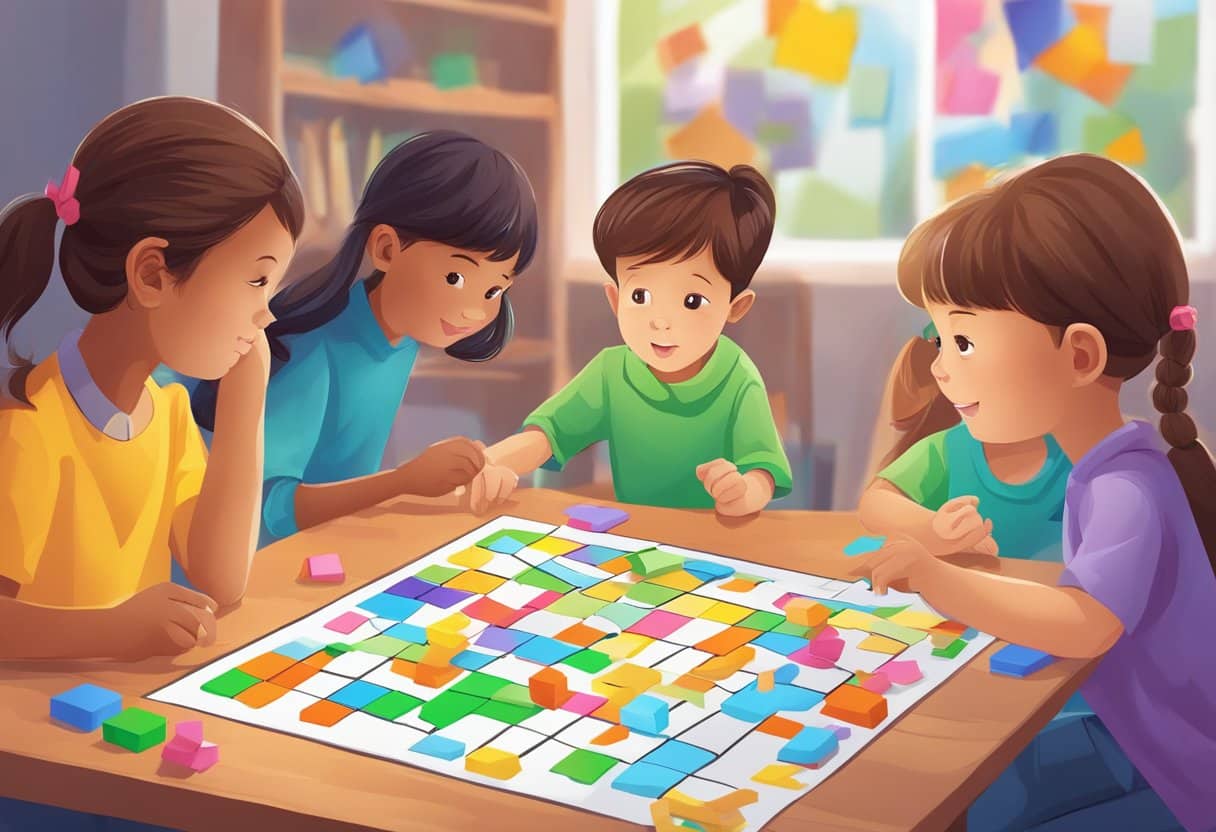 Simple Logic Puzzles for Young Brains: Easy Challenges to Sharpen Minds Logic Puzzles LearningMole A table with colorful logic puzzles scattered on it, surrounded by young children with focused expressions, solving the puzzles