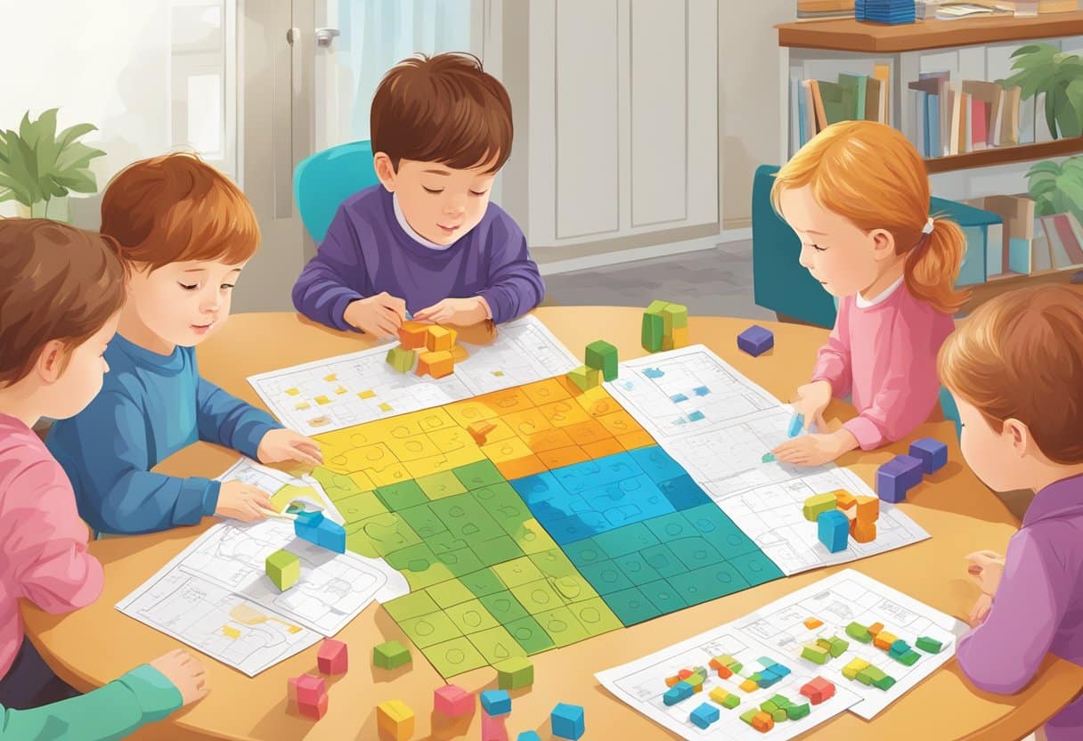 Simple Logic Puzzles for Young Brains: Easy Challenges to Sharpen Minds Logic Puzzles LearningMole A table with various logic puzzles spread out, surrounded by young children eagerly solving them