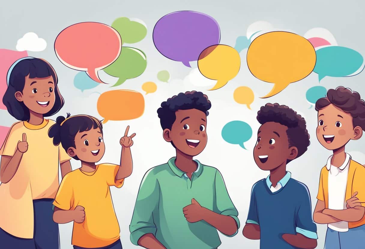 Learning to Debate: Engaging Conversation Starters for Young Minds Learning to Debate, children LearningMole Kids engaged in lively debate, gesturing and speaking passionately. Colorful speech bubbles with different arguments float above their heads