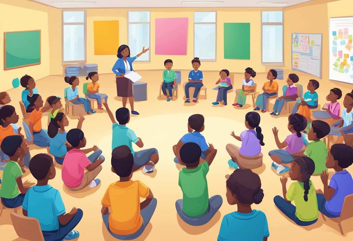 Learning to Debate: Engaging Conversation Starters for Young Minds Learning to Debate, children LearningMole Children engaging in lively debate, sitting in a circle with hands raised. A teacher at the front of the room facilitates the discussion, while colorful posters and visual aids adorn the walls