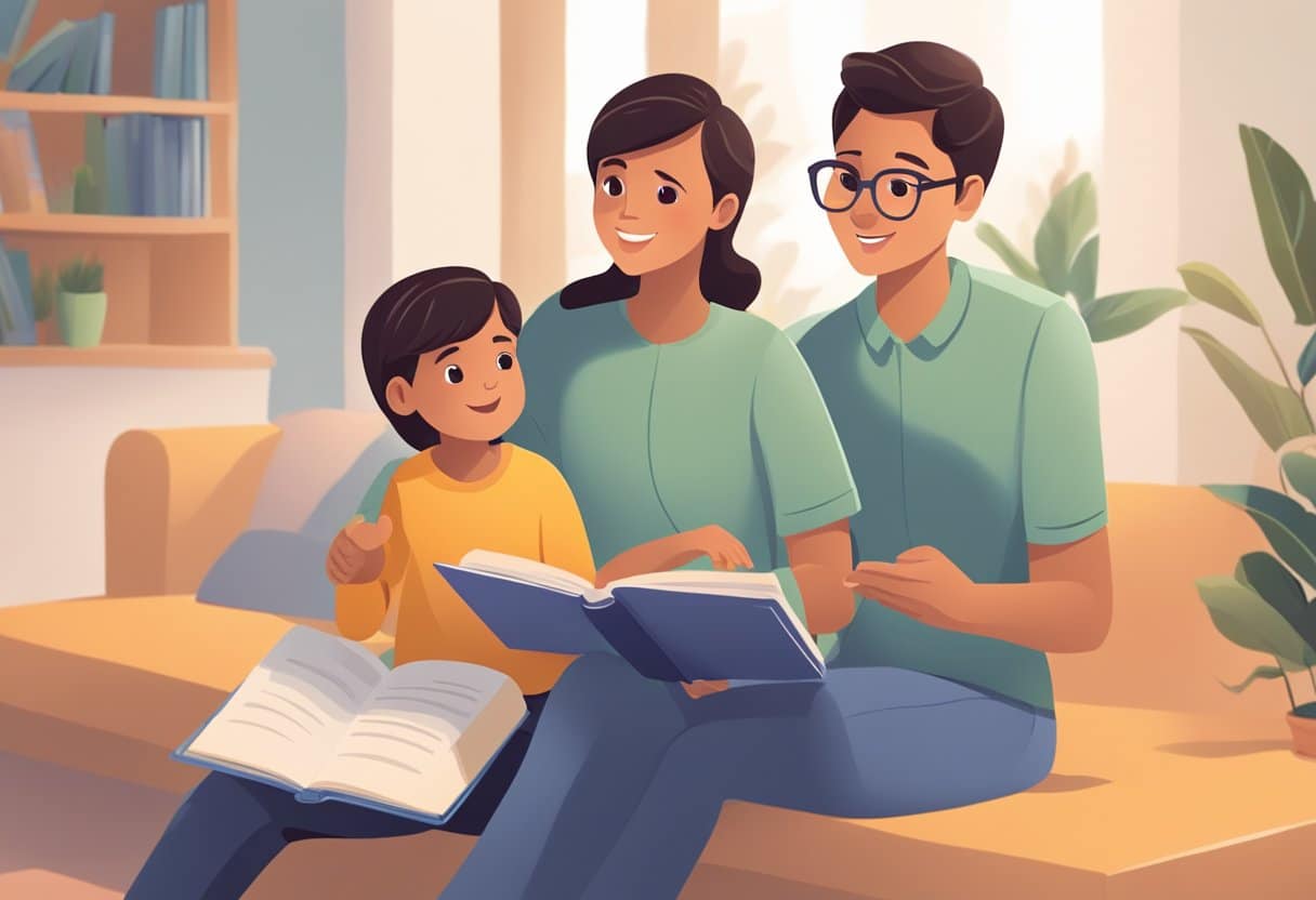 A parent sitting with a child, pointing to a book and asking open-ended questions. The child is engaged and actively responding