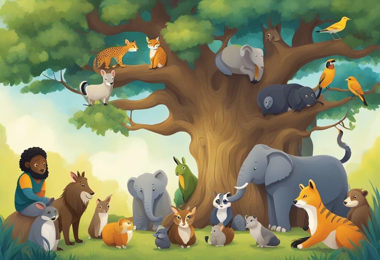 A group of diverse animals gather around a wise old tree, listening intently as it shares stories of nature and sustainability. The vibrant colors of the natural surroundings and the engaged expressions of the animals convey the importance of storytelling in teaching sustainability