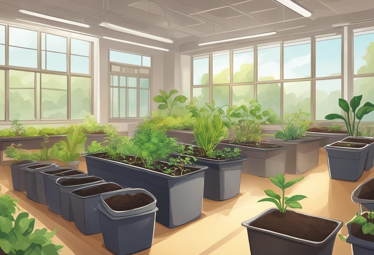 Healthy plants grow in a classroom with natural light and soil. Students care for the plants, using sustainable methods like composting and water conservation