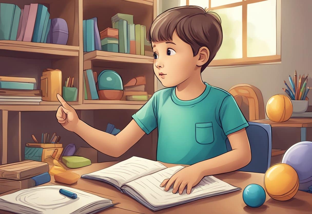 A child holding various objects, looking curious and pointing at things, while a parent or caregiver encourages them to ask questions