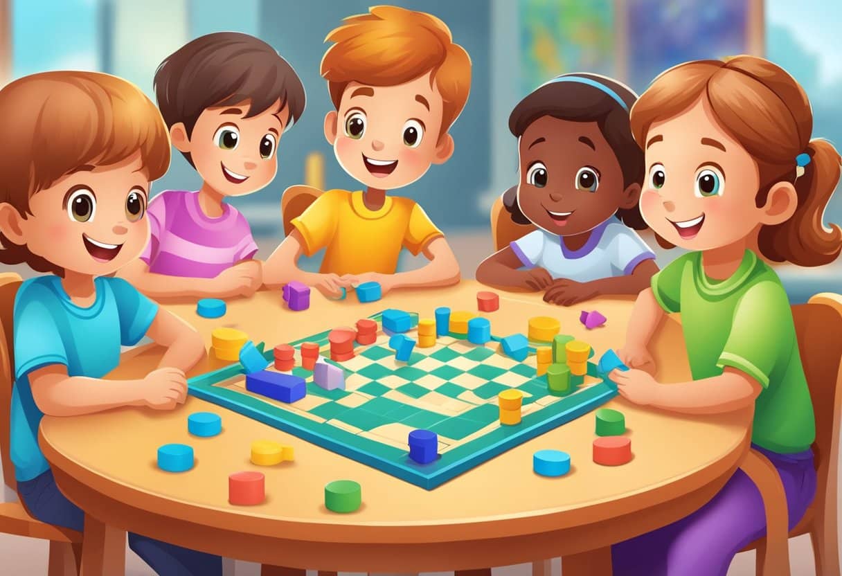 Children gathered around a table, enthusiastically playing problem-solving games, with colorful game pieces and a variety of challenges