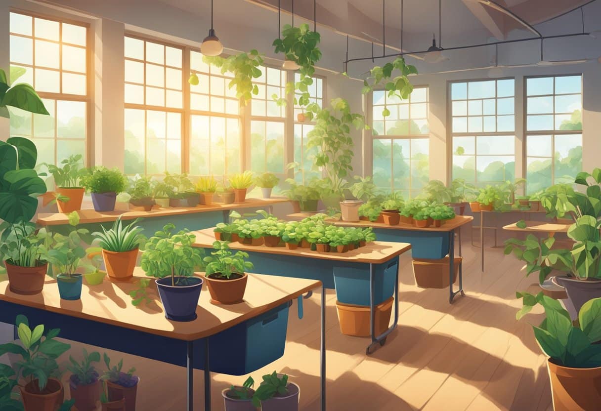 A classroom with a variety of plants growing in pots and trays, surrounded by posters and charts about sustainable agriculture. Sunlight streams in through the windows, illuminating the greenery