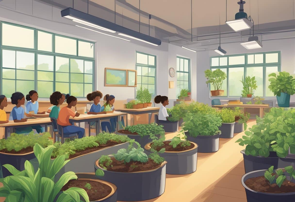 A classroom with various plants growing in pots and trays, students observing and learning about sustainable agricultural practices
