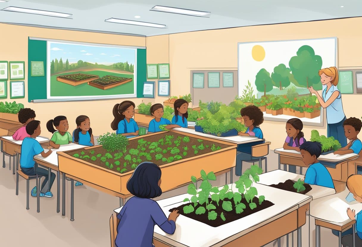 A classroom with raised garden beds, students planting seeds, and a compost bin. A teacher explains sustainable agriculture principles on a whiteboard