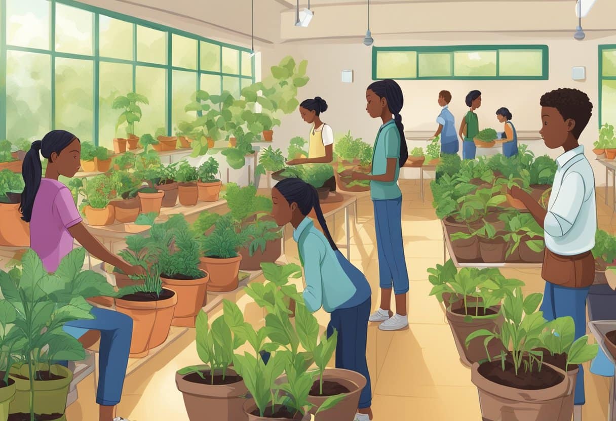 A classroom setting with students tending to a variety of plants in pots, using sustainable agriculture methods. Posters and educational materials on the wall provide information on growing food in the classroom