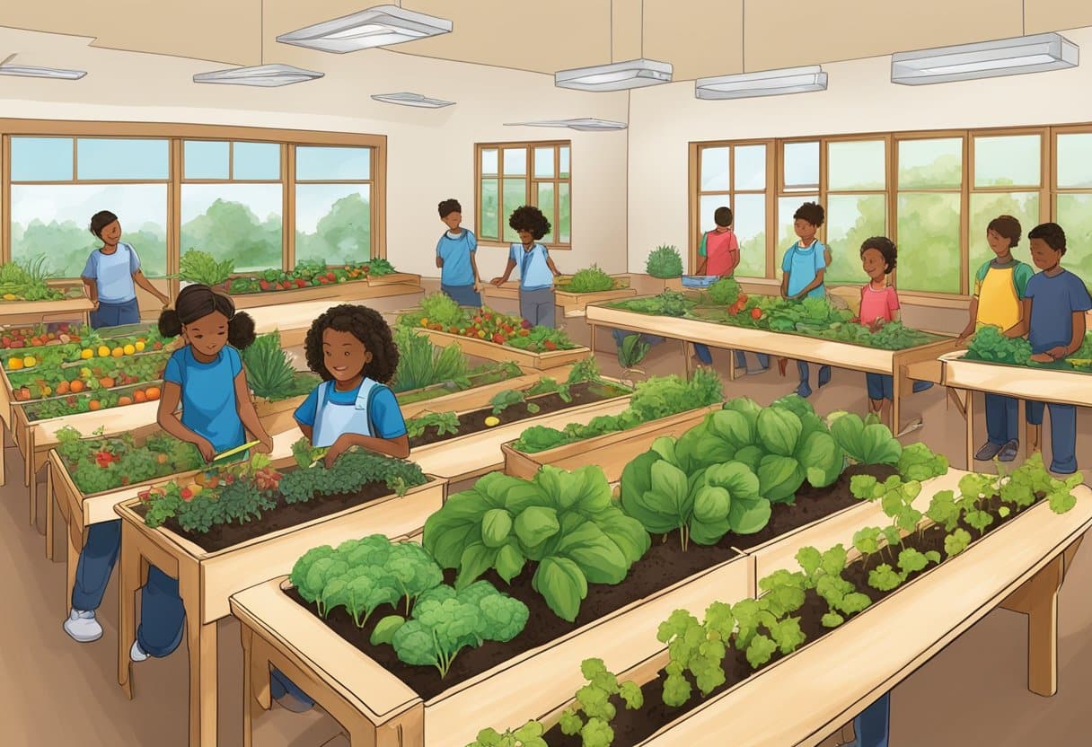 A classroom with raised garden beds, filled with a variety of fruits and vegetables. Students are engaged in hands-on activities, learning about sustainable agriculture and healthy eating