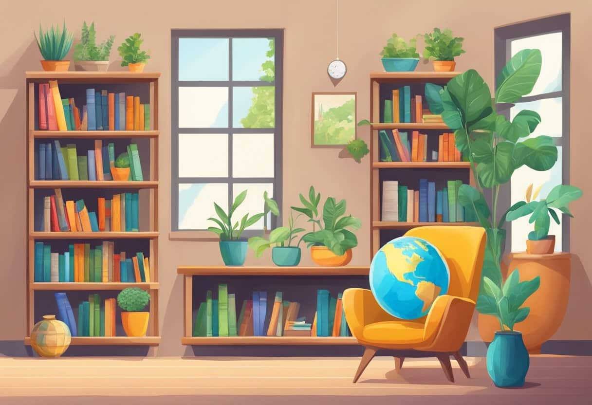 A colorful bookshelf filled with eco-friendly children's books and teaching materials on sustainability. A cozy reading nook with a globe and potted plants